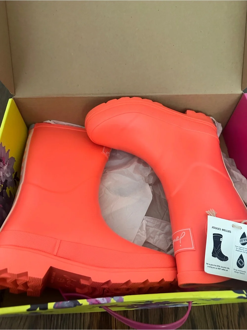 NWT Joules Bright Coral Orange Girls Waterproof Welly Rain Boots 2